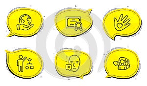 Social responsibility, Face declined and Algorithm icons set. Woman love sign. Vector