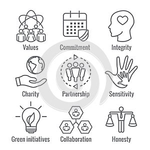 Social Responsibility Outline Icon Set with Honesty, integrity,