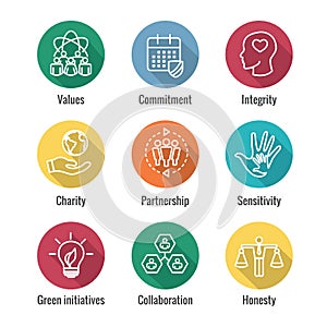 Social Responsibility Outline Icon Set with Honesty, integrity,