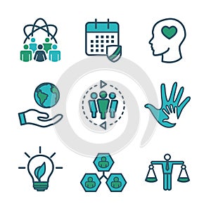 Social Responsibility Outline Icon Set with Honesty, integrity,