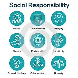 Social Responsibility Outline Icon Set with Honesty, integrity,