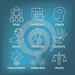 Social Responsibility Outline Icon Set with Honesty, integrity,