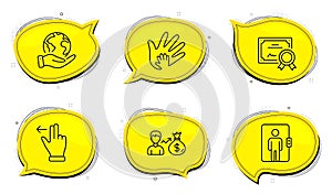 Social responsibility, Sallary and Elevator icons set. Touchscreen gesture sign. Vector