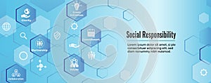 Social Responsibility Solid Icon Set - Honesty, integrity, collaboration, Web banner header