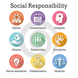 Social Responsibility Solid Icon Set w Honesty, integrity, & col