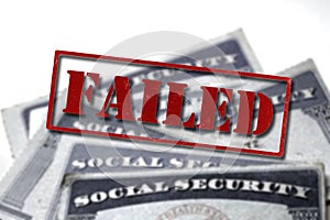Social Security Cards in a Row Pile for Retirement With Red Fail
