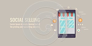 Social selling, mobile commerce, digital marketing, e-payment, online buy & sell concept. Flat design banner.