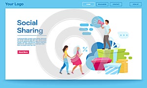 Social sharing landing page vector template. SMM, digital marketing services website interface with flat illustrations. Referral