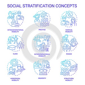 Social stratification and mobility blue gradient concept icons