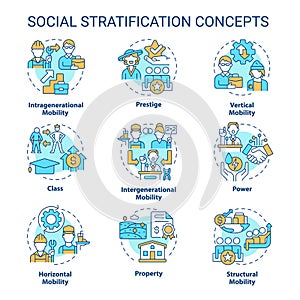 Social stratification and mobility multi color concept icons