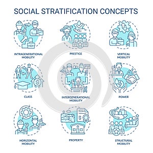 Social stratification and mobility soft blue concept icons