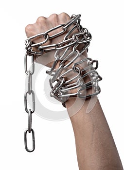 Social theme: hands tied a metal chain on a white background