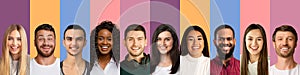 Social variety and diversity. Mosaic of human faces, people of various nationalities smiling on color studio backgrounds