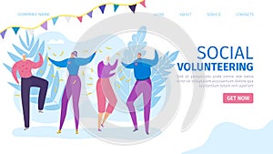 Social volunteering, happy volunteer team vector illustration. Charity donation for care assistance and support, landing