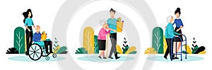 Social workers taking care about seniors people. Vector flat cartoon illustration. Volunteer people help elderly people