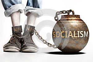 Socialism can be a big weight and a burden with negative influence - Socialism role and impact symbolized by a heavy prisoner`s