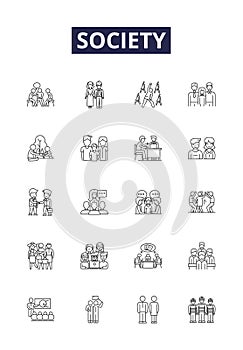 Society line vector icons and signs. community, people, norms, relationships, values, customs, beliefs, settlement