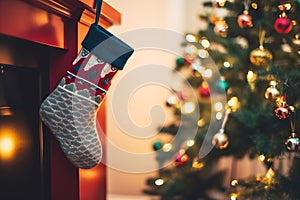 A sock with Christmas gifts near the fireplace on the background of a Christmas tree