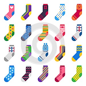 Sock icon. Sport long socks, kids feet clothes and striped warm hosiery isolated vector flat set photo