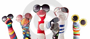 Sock puppets with glasses against white background