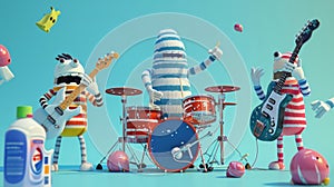 A sock rock band strumming their instruments made out of clothespins with a laundry detergent bottle as their drummer