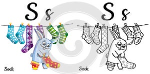 Sock. Vector alphabet letter S, coloring page