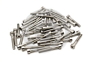 Socket head cap screws on white background.