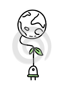 Socket leaves and planet Co2 climate change concept. Recycling. Vector isolated doodle