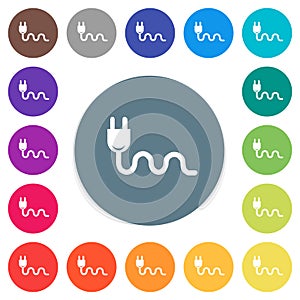 Socket plug and cable solid flat white icons on round color backgrounds