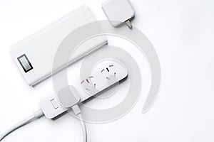 Socket plug electric power bank and wire white color isolate. save energy and reduce energy efficiency concept