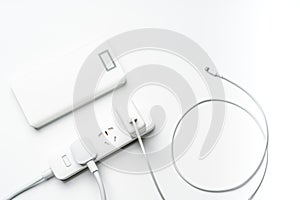 Socket plug electric power bank and wire white color isolate. save energy and reduce energy efficiency concept