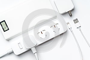 Socket plug electric power bank and wire white color isolate. save energy and reduce energy efficiency concept