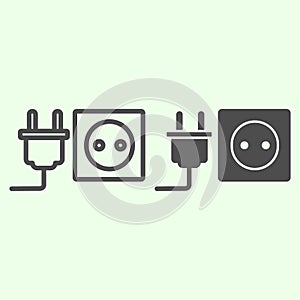 Socket with plug line and solid icon. Unplugged cable from Jack socket outline style pictogram on white background. Real