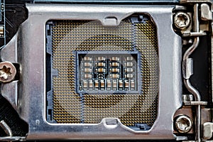 Socket for processor or cpu, top view, macro photo. Electronic computer hardware