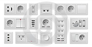 Socket and switch. Realistic electric power supply, on and off buttons or USB ports. 3D connectors for different plugs
