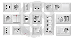 Socket and switch. Realistic electric power supply, on and off buttons or USB ports. 3D connectors for different plugs types.
