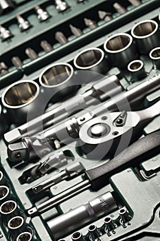 Socket tool set with ratcheting wrench