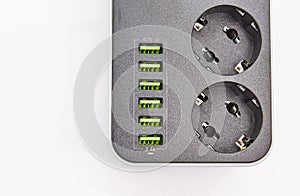 Socket with USB Port on white background for charging phones and electronic devices