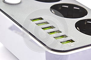 Socket with USB Port on white background for charging phones and electronic devices