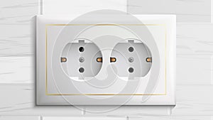 Double Grounded Socket Vector. Switch. Brick Wall. Realistic Illustration