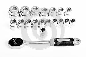 Socket wrench isolated on white background. It is A Promise. various wrench heads and tips. Toolbox, tools kit detail