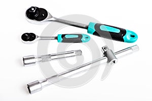 Socket wrench. perfect tool kit. Chrome Vanadium Steel. metallized fix equipment. socket wrench isolated on white