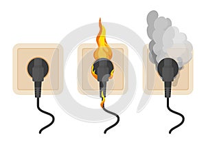 Sockets in fire. Wiring problems, dangerous situation in office or home. Socket with plug in smoke and sparks photo
