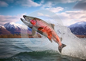Sockeye Salmon jumping out of water in Alaskan river. Ai Generative image