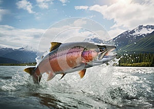 Sockeye Salmon jumping out of water in Alaskan river. Ai Generative image