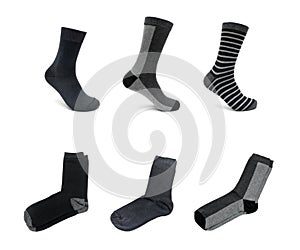 Socks of different colors and designs on a white background