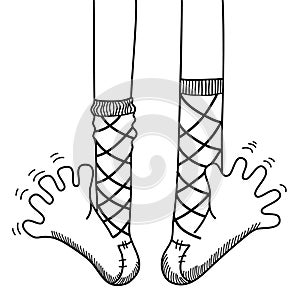 Socks on legs. Vector hand drawn line style illustration isolated on white. Funny cartoons legs with socks graphic design for