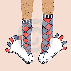 Socks on man legs. Vector hand drawn line style illustration. Cartoons legs with fun colors socks