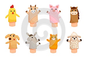 Socks puppets. Dolls for children theatre. Educational game with cute farm animal on hand, vector characters cat, pig