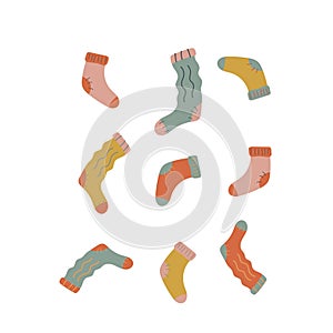 socks trendy colorful set. Modern socks in different colors. Socks for men, women, children. Cartoon design for web and